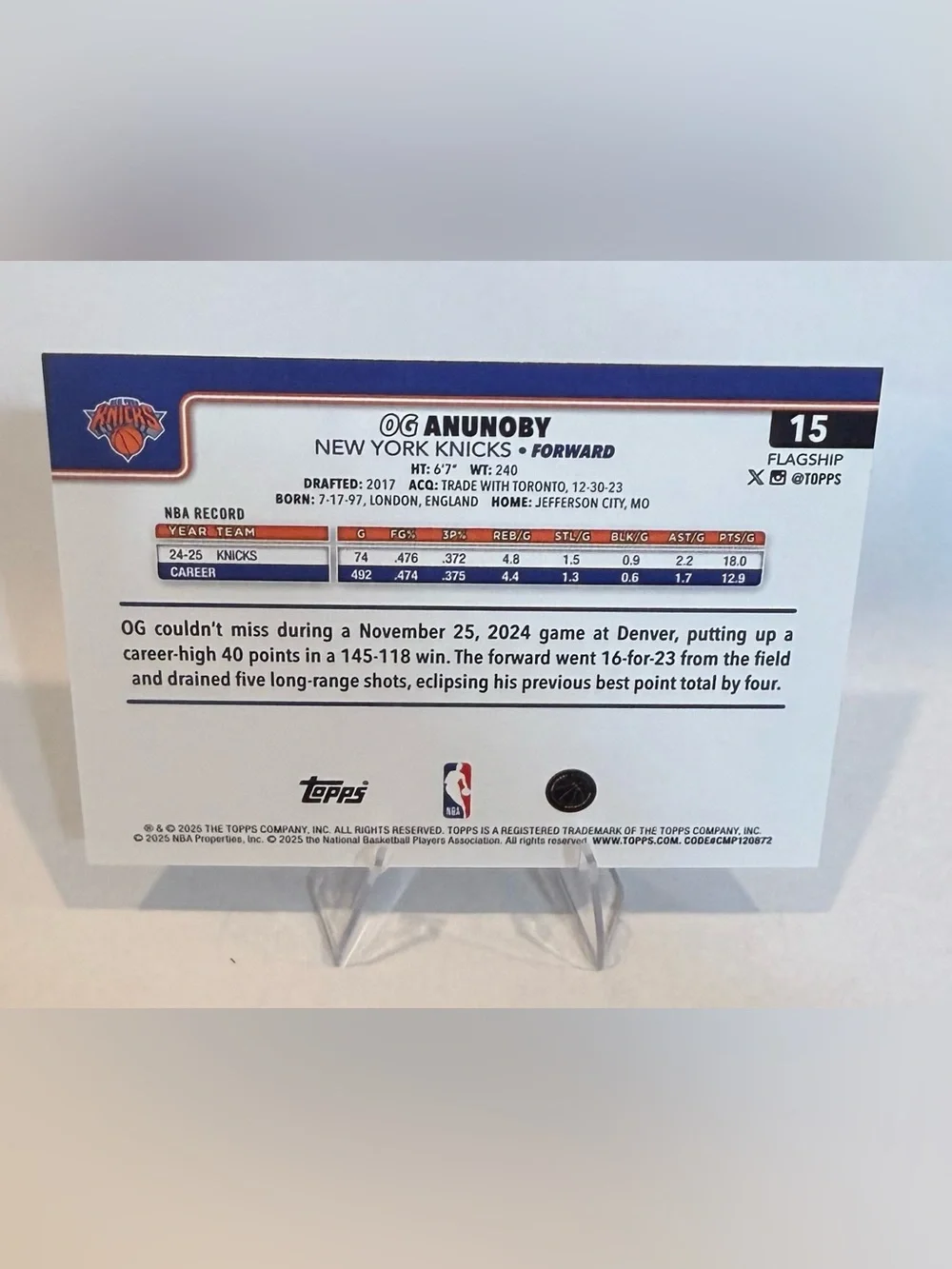 2025 Topps OG Anunoby #15 New York Knicks . Forward - Picture 2 of 2